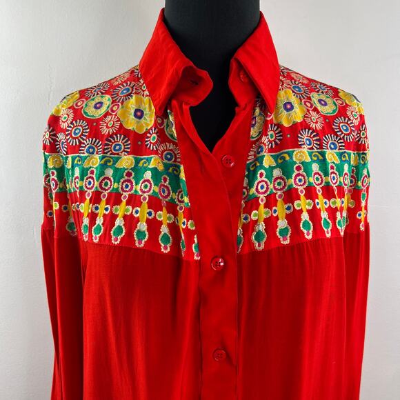 VINTAGE Gottex Red Top Floral Embroidered Collared Long Sleeve Button-Up Small S - Picture 3 of 10